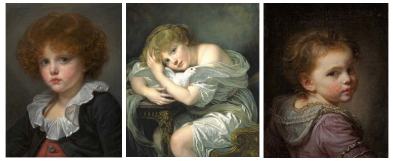 Petit garçon au gilet rouge, Musée Cognacq Jay. Jeune Fille à la colombe © Musée de la Chartreuse / Photo Daniel Lefevre.Tête d’enfant, dit La Petite Nanette © Musée Fabre / Photo Frédéric Jaulmes